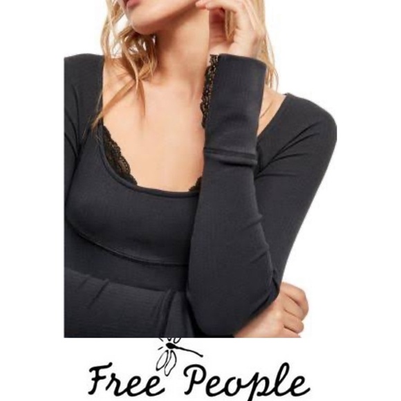 Free People We the People Boho Black Lace Top Long Sleeve Blouse* Size Medium - Picture 1 of 9